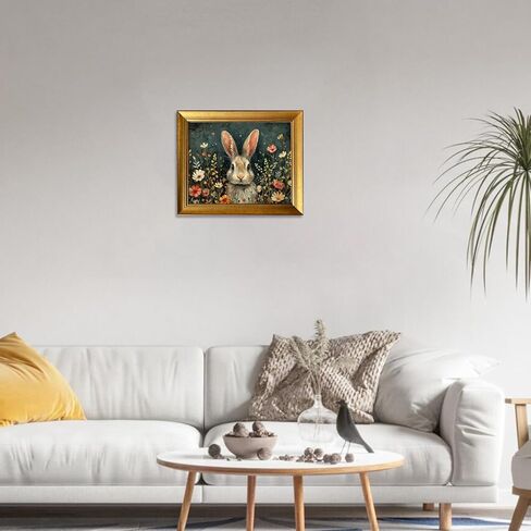 Spring Rabbit Wall Art Gold Framed Easter Picture Wall Decor Vintage Bunny Artwork Print Moody Bunny With Flowers Easter Print Nursery Kids Room Decor Farmhouse Canvas Painting in Saudi Arabia