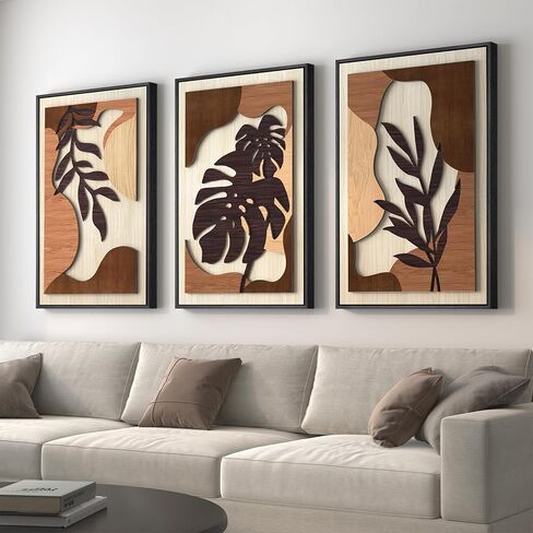 Framed Textured Wood 3D Wall Art for Living Room, Large Boho Tropical Brown Artwork for Walls, 3 Piece Farmhouse Botanical Leaf Wood 3D Textured Wall Art Decor for Office Bedroom Hallway, 24x36 Inch in Kuwait
