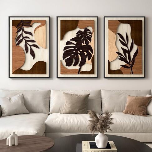 Framed Textured Wood 3D Wall Art for Living Room, Large Boho Tropical Brown Artwork for Walls, 3 Piece Farmhouse Botanical Leaf Wood 3D Textured Wall Art Decor for Office Bedroom Hallway, 24x36 Inch in Kuwait