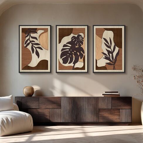 Framed Textured Wood 3D Wall Art for Living Room, Large Boho Tropical Brown Artwork for Walls, 3 Piece Farmhouse Botanical Leaf Wood 3D Textured Wall Art Decor for Office Bedroom Hallway, 24x36 Inch in Kuwait
