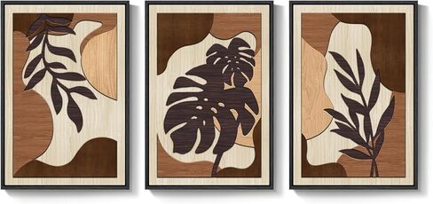 Framed Textured Wood 3D Wall Art for Living Room, Large Boho Tropical Brown Artwork for Walls, 3 Piece Farmhouse Botanical Leaf Wood 3D Textured Wall Art Decor for Office Bedroom Hallway, 24x36 Inch in Kuwait