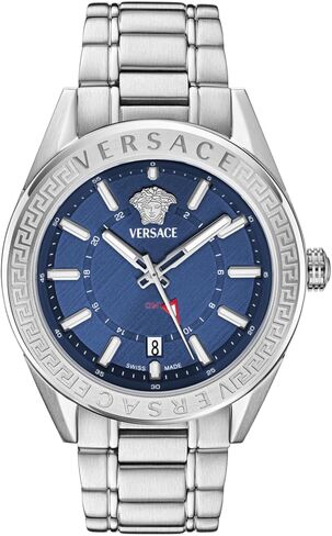 Versace V-Code GMT Collection Luxury Mens Watch Timepieces with a Silver Bracelet Featuring a Stainless Steel Case and a Blue Dial in Saudi Arabia