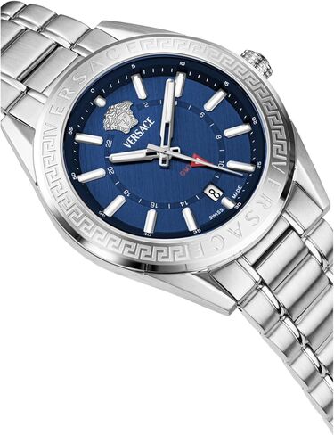 Versace V-Code GMT Collection Luxury Mens Watch Timepieces with a Silver Bracelet Featuring a Stainless Steel Case and a Blue Dial in Saudi Arabia
