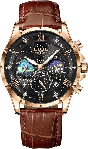 LIGE Waterproof Watches for Men Analog Dress Water Proof Chronograph Work Casual Leather Water-Resistant Lunar Phase Display Quartz Wristwatch with Date & Luminous Men's Wrist Watch in Kuwait