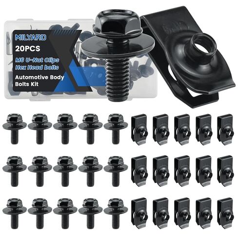 20 مجموعة من مسامير الجسم M6-1.0 المصنوعة من الفولاذ المنغنيز ومشابك صواميل على شكل حرف U، وأدوات تثبيت شديدة التحمل لمصدات السيارات، والرفارف، وغطاء المحرك، وغطاء المحرك، ودرع الرش in Kuwait