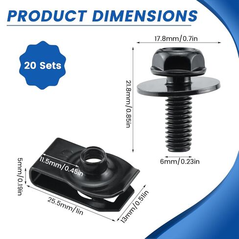 20 مجموعة من مسامير الجسم M6-1.0 المصنوعة من الفولاذ المنغنيز ومشابك صواميل على شكل حرف U، وأدوات تثبيت شديدة التحمل لمصدات السيارات، والرفارف، وغطاء المحرك، وغطاء المحرك، ودرع الرش in Kuwait