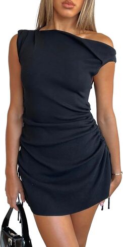 Women's Summer Bodycon Dresses Sexy Off The Shoulder Trendy Side Drawstring Vacation Cocktail Club Party Mini Y2K Dress in Kuwait
