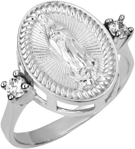 925 Sterling Silver White Cubic Zirconia 2.5mm Wide Women's Our Lady of Guadalupe Immaculate Conception Catholic Oval Signet Band or Pinky Ring in Kuwait