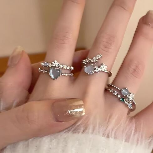 3Pcs Multi-Layered Ocean Blue Rhinestone Heart Flower Rings for Women Teens Gifts Trendy Stuff Boho Stackable Love Silver Ring Set Vintage Crystal Knuckle Stacking Rings Christmas Gifts Stacking Stuffers in Saudi Arabia