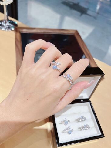 3Pcs Multi-Layered Ocean Blue Rhinestone Heart Flower Rings for Women Teens Gifts Trendy Stuff Boho Stackable Love Silver Ring Set Vintage Crystal Knuckle Stacking Rings Christmas Gifts Stacking Stuffers in Saudi Arabia