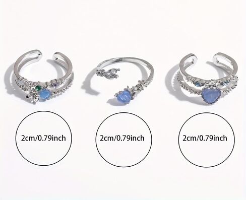 3Pcs Multi-Layered Ocean Blue Rhinestone Heart Flower Rings for Women Teens Gifts Trendy Stuff Boho Stackable Love Silver Ring Set Vintage Crystal Knuckle Stacking Rings Christmas Gifts Stacking Stuffers in Saudi Arabia