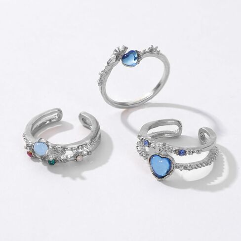 3Pcs Multi-Layered Ocean Blue Rhinestone Heart Flower Rings for Women Teens Gifts Trendy Stuff Boho Stackable Love Silver Ring Set Vintage Crystal Knuckle Stacking Rings Christmas Gifts Stacking Stuffers in Saudi Arabia