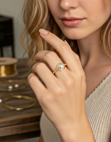 Gold Pearl Ring, Handmade Adjustable Ring with Freshwater Pearl, Vintage Jewelry for Women in Kuwait