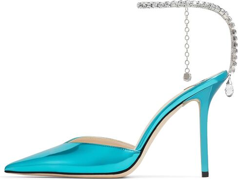 صنادل نسائية بكعب من BlingQueen بسلسلة كريستالية مرصعة بحجر الراين وحزام مدبب بكعب عالي بدون ظهر أحذية زفاف أنيقة للزفاف in Kuwait