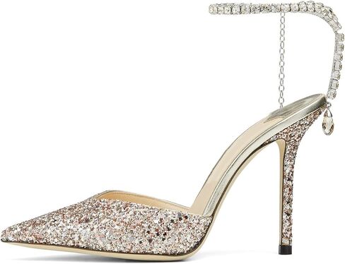 صنادل نسائية بكعب من BlingQueen بسلسلة كريستالية مرصعة بحجر الراين وحزام مدبب بكعب عالي بدون ظهر أحذية زفاف أنيقة للزفاف in Kuwait