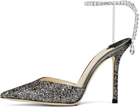 BlingQueen Women's Heeled Sandals Crystal Chain Rhinestone Embellished Strap Pumps Pointy Stilettos Backless Wedding Dressy Bridal Shoes in Saudi Arabia
