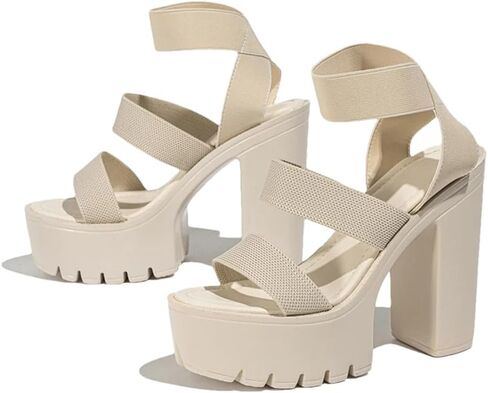 صنادل نسائية بكعب عالٍ مكتنز بنمط فاسق ومنصة مفتوحة عند الأصابع سهلة الارتداء بحزام الكاحل المطاطي in Kuwait