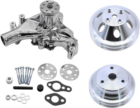 Aluminum High Volume Long Water Pump 2 Grooves Polished Chrome Crankshaft and Water Pump Pulley Compatible with Small Block Chevy SBC 283 302 305 327 350 383 400 V8 LWP in Saudi Arabia