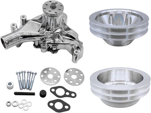 Aluminum High Volume Long Water Pump 2 Grooves Polished Chrome Crankshaft and Water Pump Pulley Compatible with Small Block Chevy SBC 283 302 305 327 350 383 400 V8 LWP in Saudi Arabia