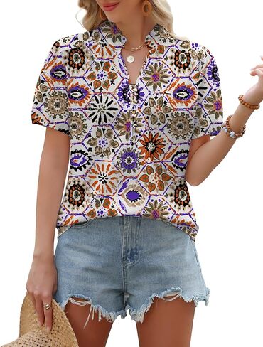Womens Summer Tops Boho Puff Short Sleeve Blouses Casual V Neck Button Down Floral Shirt Vacation Outfits in Saudi Arabia