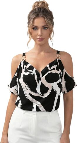Women's Elegant Cold Shoulder Cowl Neck Tops Summer Geo Print Chain Short Sleeve Evening Party Blouses in Saudi Arabia