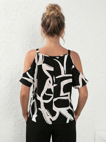 Women's Elegant Cold Shoulder Cowl Neck Tops Summer Geo Print Chain Short Sleeve Evening Party Blouses in Saudi Arabia