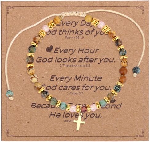 Christian Cross Bracelets for Women, Inspirational Natural Stone Bracelet Christian Gifts Adjustable Religious Jewelry for Baptism Communion Everyday Faith in Saudi Arabia