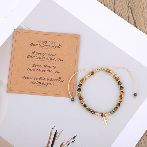 Christian Cross Bracelets for Women, Inspirational Natural Stone Bracelet Christian Gifts Adjustable Religious Jewelry for Baptism Communion Everyday Faith in Saudi Arabia