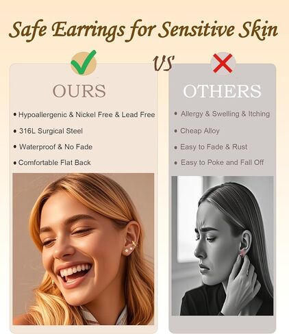 12 Pairs Flat Back Earrings for Women, 18K Gold Plated Hypoallergenic 316L Surgical Steel Earrings, Tiny Studs & Huggie Hoops for Ear Stack, Sensitive Ears & Daily Wear in Saudi Arabia