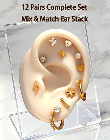 12 Pairs Flat Back Earrings for Women, 18K Gold Plated Hypoallergenic 316L Surgical Steel Earrings, Tiny Studs & Huggie Hoops for Ear Stack, Sensitive Ears & Daily Wear in Saudi Arabia