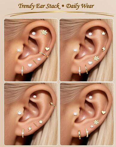 12 Pairs Flat Back Earrings for Women, 18K Gold Plated Hypoallergenic 316L Surgical Steel Earrings, Tiny Studs & Huggie Hoops for Ear Stack, Sensitive Ears & Daily Wear in Saudi Arabia