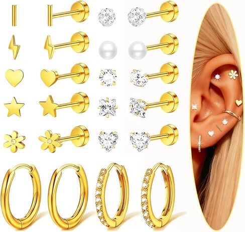 12 Pairs Flat Back Earrings for Women, 18K Gold Plated Hypoallergenic 316L Surgical Steel Earrings, Tiny Studs & Huggie Hoops for Ear Stack, Sensitive Ears & Daily Wear in Saudi Arabia