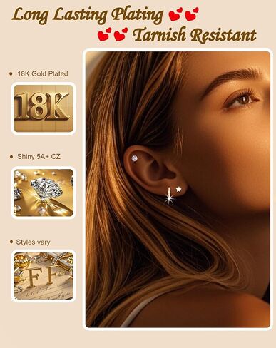 12 Pairs Flat Back Earrings for Women, 18K Gold Plated Hypoallergenic 316L Surgical Steel Earrings, Tiny Studs & Huggie Hoops for Ear Stack, Sensitive Ears & Daily Wear in Saudi Arabia