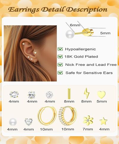 12 Pairs Flat Back Earrings for Women, 18K Gold Plated Hypoallergenic 316L Surgical Steel Earrings, Tiny Studs & Huggie Hoops for Ear Stack, Sensitive Ears & Daily Wear in Saudi Arabia