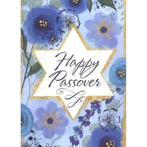 Designer Greetings Star Shaped Die Cut Window with Gold Giltter Border and Large Blue and Gold Flowers Passover Card in Kuwait