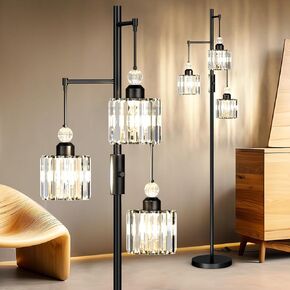 Black Tree Floor Lamp with 3 Crystal Cage Lampshades & Dimmable Bulbs - 70" Vintage Glam Standing Lamp for Living Room Bedroom, Industrial Modern Decor with Crystal Ball Accents (Black) in Saudi Arabia