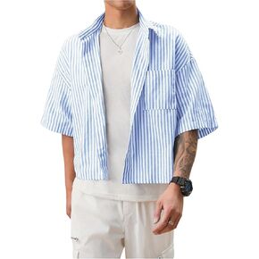 قميص GORGLITTER رجالي مخطط بوكسي مقصوص وجيب مرقع وأزرار وأكمام قصيرة وفضفاضة مقصوصة in Kuwait