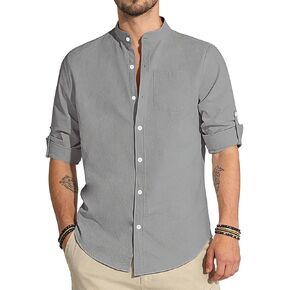 Men's Cotton Linen Shirts Long Sleeve Button Down Shirt Band Collar Beach Summer Casual Shirts in Kuwait