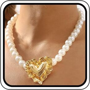 Chunky Y2k Pearls Heart Choker Necklace for Women Dainty Large Geometric Textured Love Shaped Statement Necklaces Fashion Pearl Beaded Jewelry Gifts in Kuwait