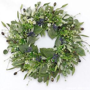 Wreaths for Front Door 21 Inch Artificial Wreath with Eucalyptus Olive Boxwood Leaves Spring Purple Berries Wreaths for Indoor Outdoor Wall Window Home Garden Wedding Decor (Green, 21Inch) in Kuwait
