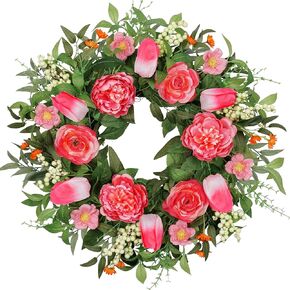 Vlorart 24 Inch Spring Summer Wreath Peony Wreath for Front Door with Pink Tulip, Eucalyptus Leaves, White Berries for Indoor Outdoor Wall Festival Home Farmhouse Wedding Decor in Kuwait