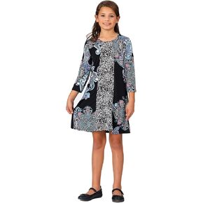 فستان خريفي للفتيات من 24seven Comfort Apparel باللون الأسود متعدد الطباعة بطول الركبة، يمكن غسله في الغسالة in Kuwait