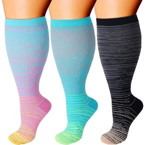 Double Couple 3 Pairs Plus Size Compression Socks for Women Men Wide Calf Extra Large 20-30 mmHg Knee High Sock for Nurses Pregnant Travel in Kuwait