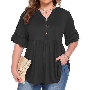 PLOKNRD إمرأة حجم كبير سترة علوية نصف كشكش كم هينلي قمصان الخامس الرقبة زر البلوزات متأنق سترة أنيقة غير رسمية in Kuwait