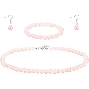 3 Pcs 8mm Pearl Set Jewelry for Women Includes Pink Pearl Necklaces Bracelets Earrings, Pearls Necklaces for Women for Occasions Such as Weddings, Birthdays, Valentine'S Day and Christmas in Kuwait