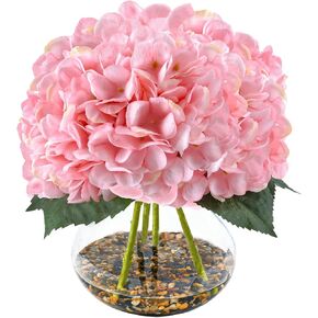 N&T NIETING Artificial Hydrangea Flowers with Vase Pink Silk Fake Flowers Faux Hydrangea Flowers with Faux Water Riverstones for Home Office Table Room Wedding Centerpiece Decorations in Kuwait