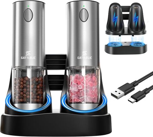 Electric Salt and Pepper Grinder Set, Automatic Pepper Mill Grinder w/Upgraded Charge Base and LED Light,Adjustable Coarseness,Rechargeable Black Peppercorn & Sea Salt Spice Mill Set in Saudi Arabia