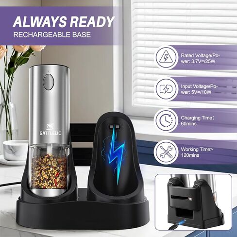 Electric Salt and Pepper Grinder Set, Automatic Pepper Mill Grinder w/Upgraded Charge Base and LED Light,Adjustable Coarseness,Rechargeable Black Peppercorn & Sea Salt Spice Mill Set in Saudi Arabia