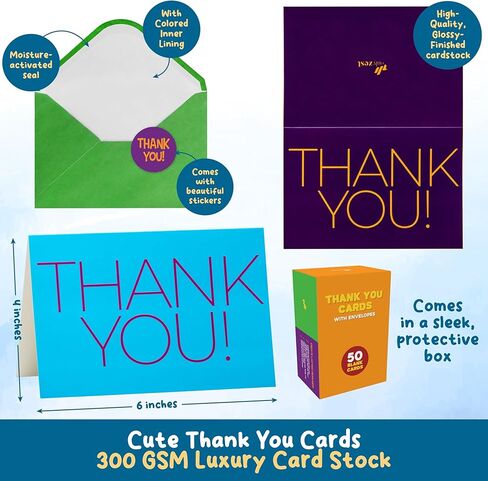 مجموعة بطاقات شكر للأطفال - 50 سمكًا، 6 × 4 في ملاحظات شكر فارغة مع مغلفات وملصقات - تصميمات ممتعة وملونة للأولاد والبنات، والمعلمين، وأعياد الميلاد، والحفلات، والشركات الصغيرة in Kuwait