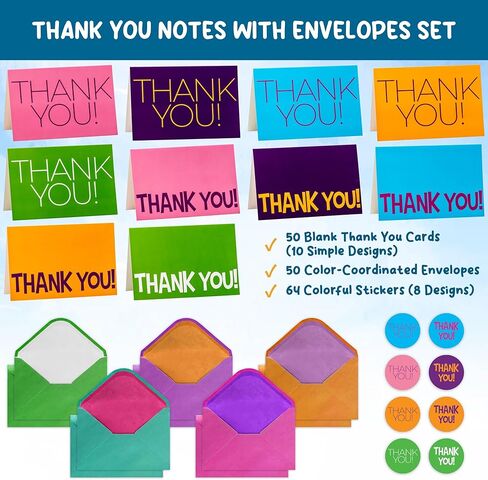 مجموعة بطاقات شكر للأطفال - 50 سمكًا، 6 × 4 في ملاحظات شكر فارغة مع مغلفات وملصقات - تصميمات ممتعة وملونة للأولاد والبنات، والمعلمين، وأعياد الميلاد، والحفلات، والشركات الصغيرة in Kuwait